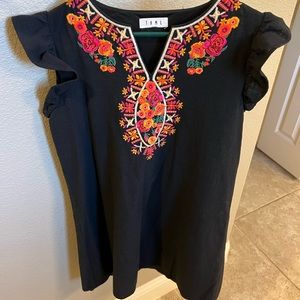 THML Black Embroidered Dress w/ Flutter Sleeve